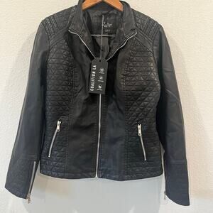 NWT LA Coalition Womens Vegan Leather Black Jacket w/ Silver Zippers | Size L